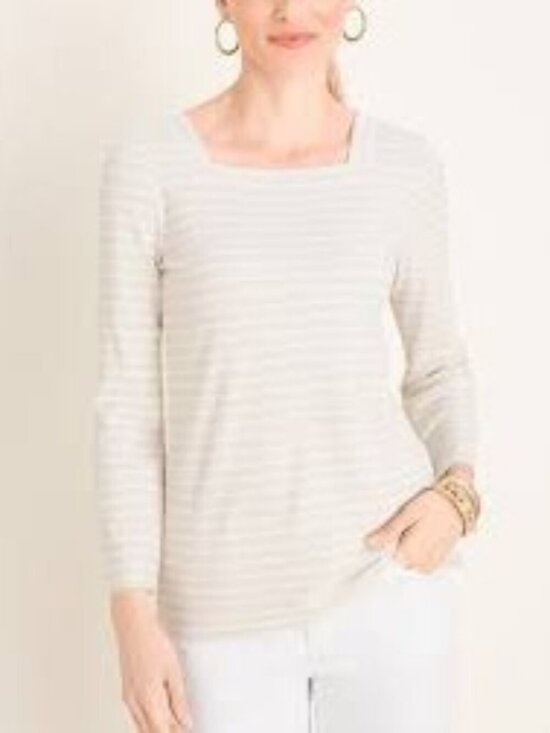Chico's Tops - Chico's Women's Striped Ribbed Top Long Sleeve Pullover Stripes tan Size XL
